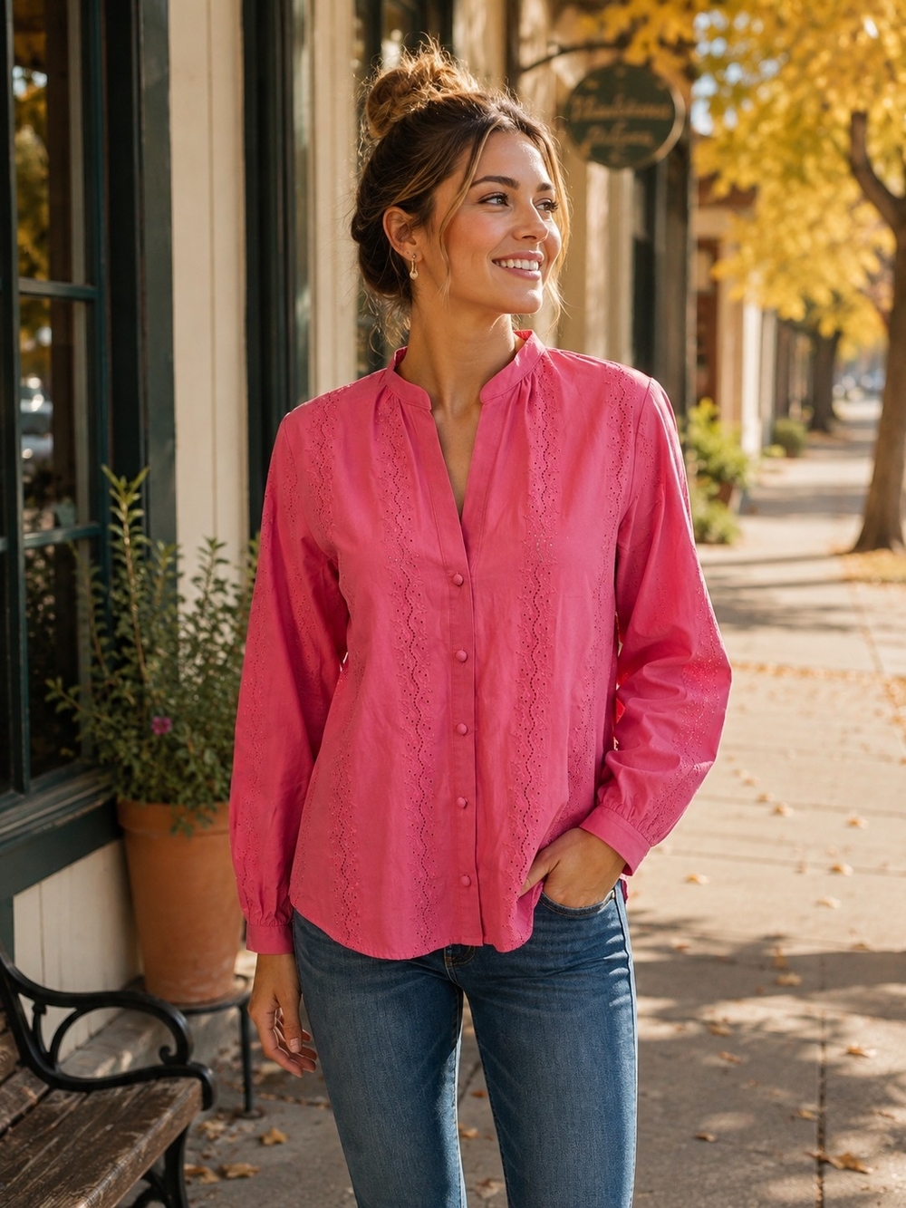 Zara NWT Pink Eyelet Embroidered Cotton Button Front Blouse Top
